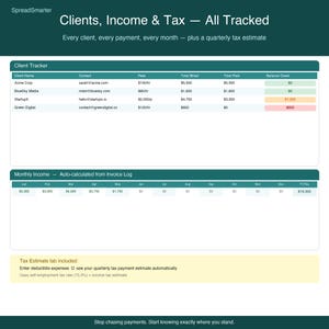 K&ouml;nnte beinhalten: Eine digitale Tabelle mit dem Titel "Clients, Income & Tax - All Tracked" mit Kunden- und Einkommensdaten. Die Tabelle enth&auml;lt Kundennamen, Kontaktinformationen, Tarife, Gesamtbetrag, Gesamtbetrag bezahlt und geschuldeter Saldo. Das monatliche Einkommen wird automatisch berechnet.