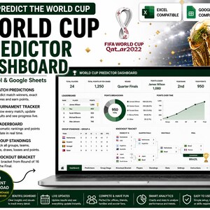Könnte beinhalten: Ein Laptop zeigt ein World Cup Predictor Dashboard, konzipiert für Excel und Google Sheets. Der Bildschirm zeigt Spielvorhersagen, Turnierverfolgung, Bestenlisten, Gruppenstand und eine K.o.-Runde. Das Bild enthält das FIFA World Cup Qatar 2022 Logo und einen Fußball.