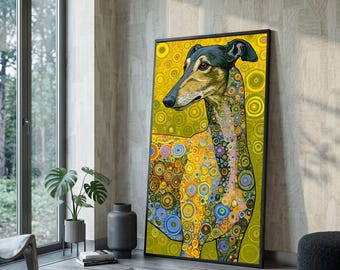 Puede incluir: Una impresión de arte mural vertical enmarcada que muestra un galgo estilizado con cara oscura y ojos rojos. El cuerpo del perro está cubierto con un patrón vibrante e intrincado de círculos multicolores en tonos amarillos, naranjas, azules y verdes.