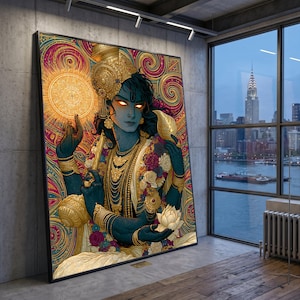 Peut inclure: Une grande œuvre d'art murale encadrée représentant une divinité à la peau bleue aux yeux brillants, portant des bijoux en or ornés et une couronne. La figure tient une conque dorée et une fleur de lotus sur un fond vibrant de motifs tourbillonnants.