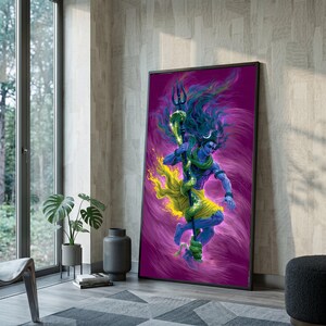 May include: A framed vertical wall art print featuring a blue-skinned deity with flowing hair, holding a tall trident wrapped in a green serpent. The figure wears a yellow garment against a vibrant purple background with swirling energy patterns.