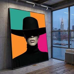 Retrato de moda em tela, mulher de chapéu preto, arte de parede, decoração minimalista moderna.