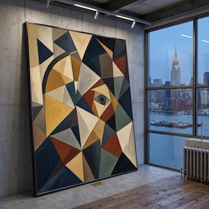 Op de afbeelding: Een groot rechthoekig schilderij met een geometrische compositie van driehoeken in marineblauw, oker, crème en terracotta. Een enkel menselijk oog staat centraal in het abstracte patroon, omringd door kruisende lijnen en vormen.