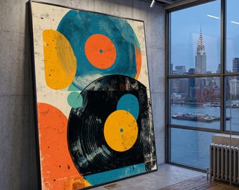 May include: A large rectangular wall art piece featuring a graphic composition of overlapping vinyl records in shades of black, teal, and orange. The design includes solid yellow and orange circular shapes against a textured off-white background.