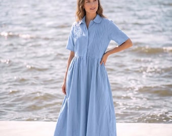 Cotton Shirt Midi Dress, Casual Collared Short Sleeve Dress, Summer Solid Vacation Women Dress