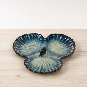 MCM 1960s California Pottery Blue Triple Section Scallop Shell Serving Tray