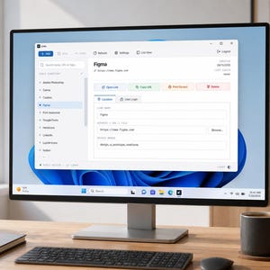 May include: A computer monitor displaying a software interface titled Links with a list of tools including Adobe Photoshop, Canva, Coolors, and Figma. The window shows details for Figma, including the URL https://www.figma.com and tags for design, UI, prototype, and wireframe.