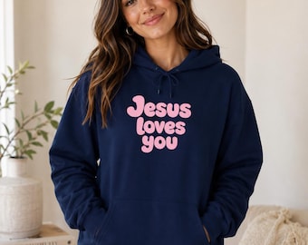 Sudadera con capucha "Jesús te ama" / Sudadera cristiana rosa retro con letras de burbujas.