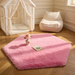 Soft Hexagon Rug, Pink Polyester Nursery Playroom Carpet, 4.6 ft