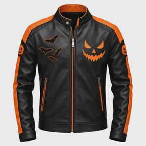 Chaqueta de cuero negra estilo motero: parches góticos de calabaza y la Parca (estilo Halloween).