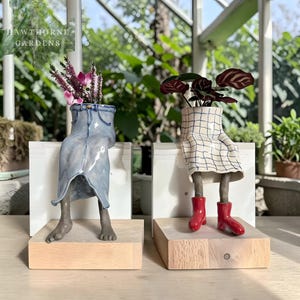 Peut inclure: Deux pots de fleurs en céramique. L'un est de style denim avec des fleurs violettes, l'autre dans une robe à carreaux avec une plante. Les deux ont des jambes et reposent sur des blocs de bois. Le logo Hawthorne Gardens est en haut à gauche.