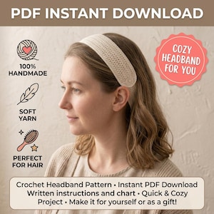 Puede incluir: Un patrón de diadema de ganchillo de color crema disponible como descarga instantánea en PDF. El diseño incluye instrucciones escritas y un gráfico para un proyecto rápido y acogedor. El texto incluye PDF INSTANT DOWNLOAD y 100% HANDMADE.