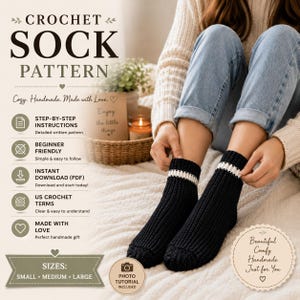 Crochet Socks Pattern PDF, Ribbed Ankle Socks Tutorial, Beginner Sock Crochet, Women's Sizes S M L, Instant Download