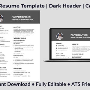 Currículum de desarrollador de software en Canva / Encabezado oscuro / CV compatible con ATS / Carta de presentación / Editable / Descarga instantánea