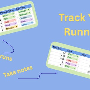 Peut inclure: Graphique bleu clair avec le texte "Track Your Running!" et deux tableaux. Un tableau est intitulé "Planifiez vos courses" et l'autre "Prenez des notes". Les tableaux affichent des données de course, notamment la date, les kilomètres, l'effort et les notes.