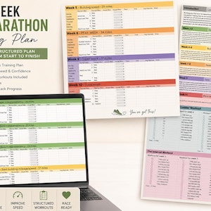 May include: A 10-week half marathon training plan displayed on a laptop and printed sheets. The plan includes day-by-day training, endurance building, speed improvement, and structured workouts. The text "10 Week Half Marathon Training Plan" is at the top.