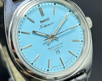 Reloj de pulsera vintage HMT Kohinoor para hombre, con esfera azul, cuerda manual, movimiento fabricado en India y 17 joyas.