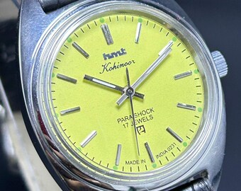 Reloj de pulsera vintage HMT Kohinoor para hombre, con esfera amarilla, cuerda manual, movimiento fabricado en India y 17 joyas.