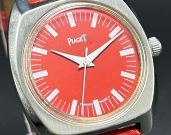 Reloj de pulsera vintage PIAGET para hombre, con esfera roja, 17 rubíes, movimiento de cuerda manual, fabricado en Suiza.