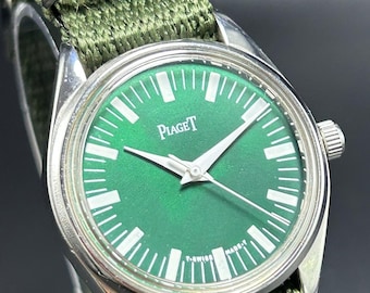 Reloj de pulsera vintage PIAGET para hombre, con esfera verde, 17 rubíes, movimiento de cuerda manual, fabricado en Suiza.