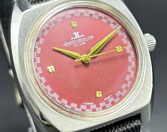 Reloj de pulsera vintage para hombre Jeager-LeCoultre Club con esfera roja, 17 joyas, movimiento de cuerda manual, fabricado en Suiza.