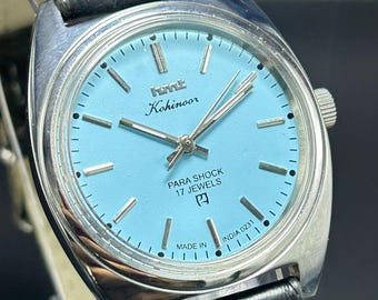 Reloj de pulsera vintage HMT Kohinoor para hombre, con esfera azul, cuerda manual, movimiento fabricado en India y 17 joyas.