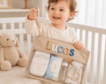 Personalized Clear Baby Organizer Pouch, Custom Name Diaper Bag, Nursery Essentials Storage