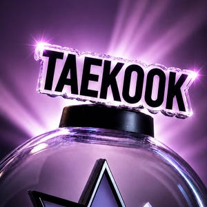 May include: A clear, spherical light-up device with a black base and a black star-shaped emblem on the front. A rectangular, transparent topper with the black text TAEKOOK sits on top, illuminated by a bright purple glow radiating from behind.