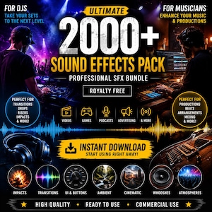 Op de afbeelding: Promotieafbeelding voor een sound effects pack. De afbeelding bevat de tekst "ULTIMATE 2000+ SOUND EFFECTS PACK" en "INSTANT DOWNLOAD". Het bevat pictogrammen voor video's, games, podcasts en reclame. Ontworpen voor DJ's en muzikanten.