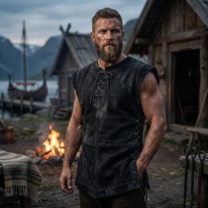 May include: A sleeveless black leather tunic with a lace-up front and sides. The tunic is worn by a man with a beard, standing in front of a wooden structure and a bonfire. A Viking ship is visible in the background.