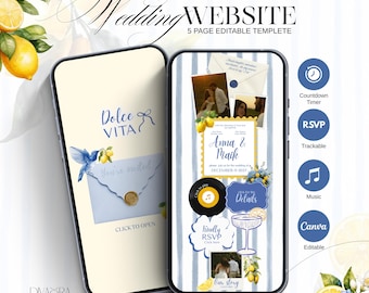 Peut inclure: Deux smartphones affichant un modèle de site web de mariage modifiable de 5 pages. Les écrans présentent des graphismes sur le thème des citrons bleus et jaunes, des photos d'un couple, du texte dont 'Dolce Vita', 'Anna & Maik' et 'December 11 2027'.
