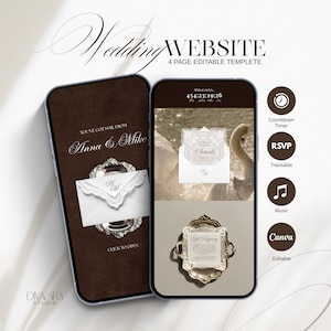 May include: A digital wedding website template displayed on two smartphones, featuring a dark brown background, elegant white script text, and ornate silver frame graphics. The interface includes a countdown timer, RSVP, music, and gift registry sections.