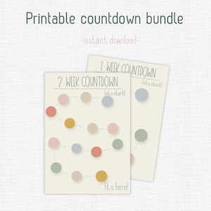 May include: Printable countdown bundle with the text "Printable countdown bundle" and "-instant download-". Two cards are visible, one labeled "2 WEEK COUNTDOWN" and the other "1 WEEK COUNTDOWN". Each card has a dotted line with colorful circles.