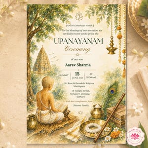May include: A rectangular invitation card for an Upanayanam ceremony featuring a watercolor illustration of a young person reading a book, a temple, a peacock feather, and brass vessels. The text includes the name Aarav Sharma and date details.