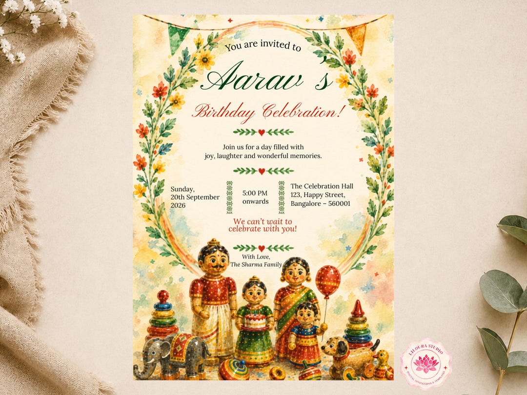 Buy Indian Kids Birthday Invitation, Watercolor Floral Wreath Design ...