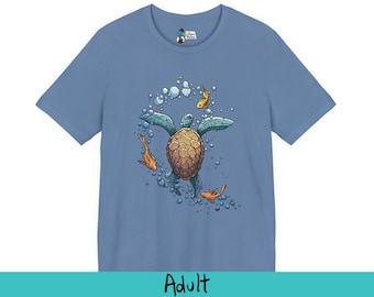 Aquatic Encounter Sea Turtle | Hand-illustrated Graphic Tee | Whimsical Ocean Life T-Shirt with Fish and Bubbles
