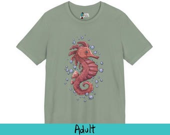 Aquatic Encounter Seahorse Tee | Whimsical Ocean Life T-Shirt with Bubbles