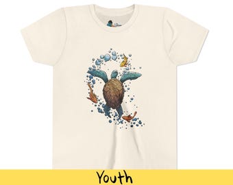 Aquatic Encounter Sea Turtle | Hand-illustrated Kids Graphic Tee | Whimsical Ocean Life T-Shirt with Fish and Bubbles