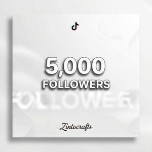 Op de afbeelding: Een witte afbeelding met de tekst "5.000 FOLLOWERS" in vette, schaduwrijke letters. Een TikTok-logo staat in de rechterbovenhoek. De naam "Zintocrafts" staat onderaan.
