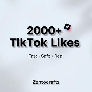 Può includere: Immagine con il testo "2000+ TikTok Likes" in grassetto nero. Sotto, le parole "Fast • Safe • Real" sono visualizzate. Un logo TikTok è nell'angolo in alto a destra. Il logo Zentocrafts è in basso.