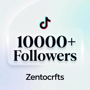 Puede incluir: Gráfico digital con el logotipo de TikTok y el texto "10000+ Followers" en negrita negra. El nombre "Zentocrfts" se muestra debajo. El fondo es un degradado de blanco y azul claro.