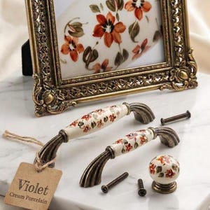Floral Porcelain Drawer Pulls Antique Bronze Cabinet Handles Cottagecore Hardware French Country Kitchen Knobs