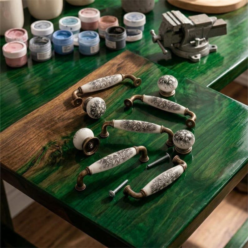 May include: A collection of ceramic drawer pulls and knobs featuring a white base with intricate black floral patterns and antique brass-toned metal hardware. The set includes several arched handles and round knobs, accompanied by small metal mounting screws.