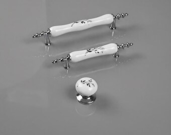 Vintage Floral Cabinet Pulls, French Country Drawer Handles, White Silver Knobs