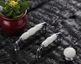 White Porcelain Cabinet Pulls, Ceramic Drawer Handles, Handmade Cabinet Hardware, 96mm 128mm Ball Knob, Farmhouse Kitchen