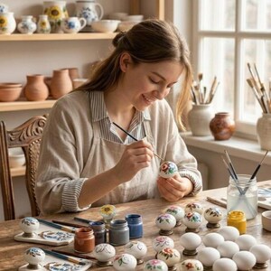 May include: A collection of round ceramic knobs featuring hand-painted floral and sunflower designs, displayed alongside small jars of paint, paintbrushes, and several plain white ceramic knobs on a wooden table in a bright studio setting.