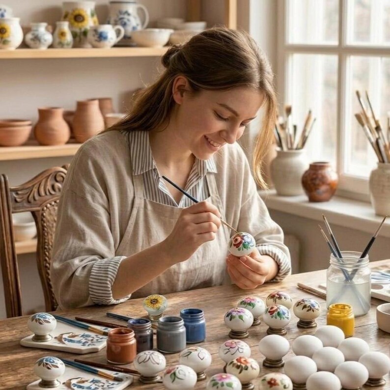 May include: A collection of round ceramic knobs featuring hand-painted floral and sunflower designs, displayed alongside small jars of paint, paintbrushes, and several plain white ceramic knobs on a wooden table in a bright studio setting.