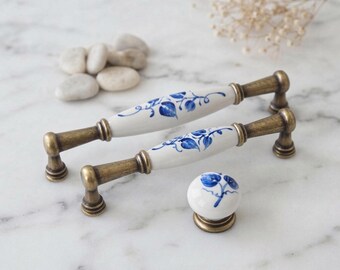 Hand-Painted Floral Porcelain Cabinet Knobs, Matte Black Drawer Pulls, Farmhouse Hardware