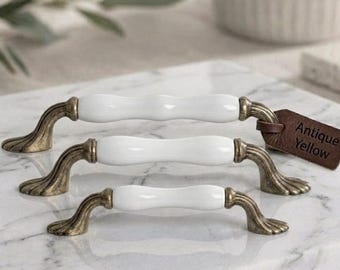 Vintage Ceramic Cabinet Handle, White Pink Porcelain Drawer Pull, Gold Chrome Black Antique Brass Kitchen Dresser Hardware 96 128 160mm