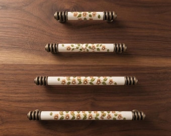 Hand Painted Floral Porcelain Cabinet Pulls, Antique Brass Drawer Handles, Vintage Farmhouse Kitchen Hardware